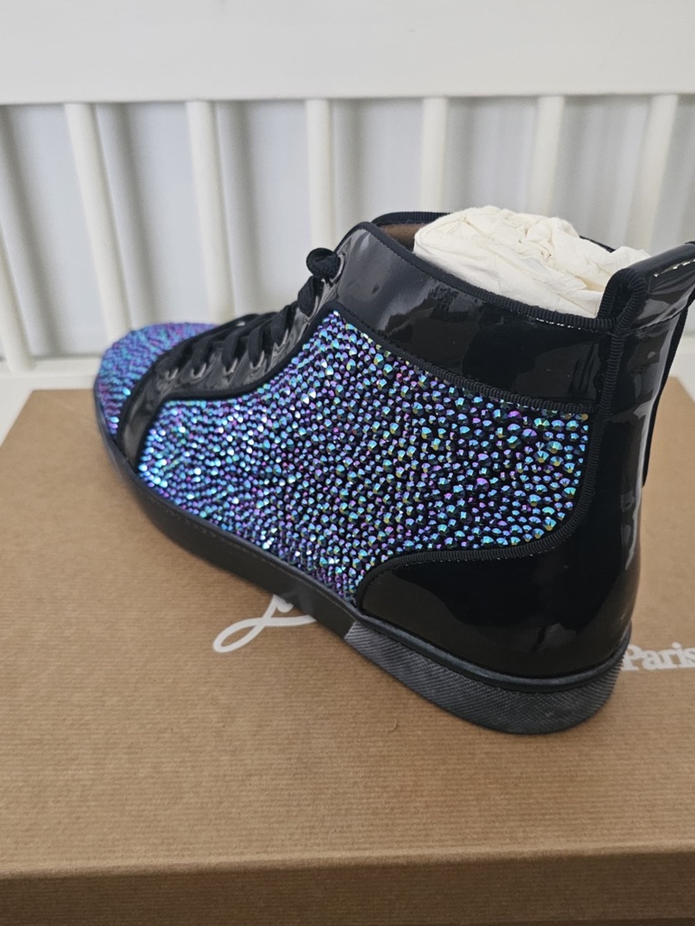 Louis Vuitton Men's Black High-Top Sneakers with Iridescent Crystal Detail - Picture 2 of 8